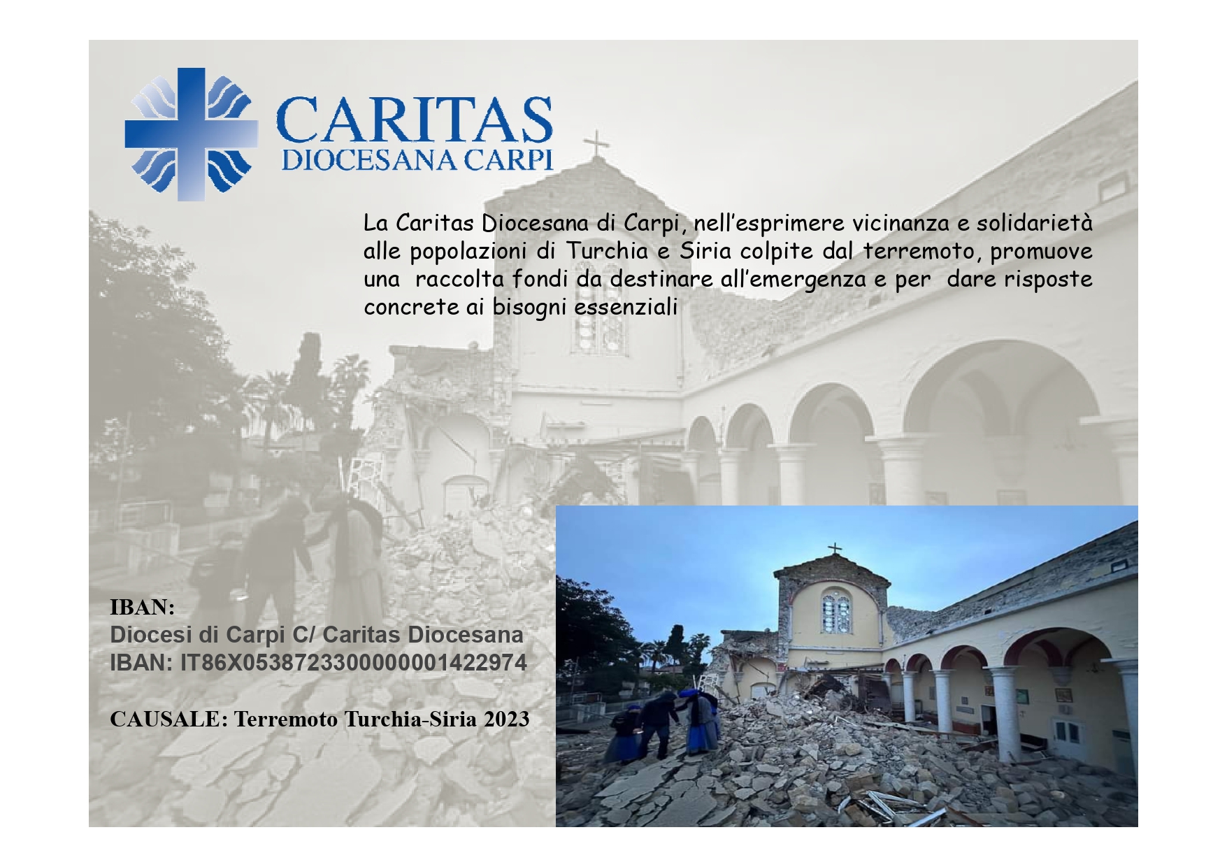 Terremoto Turchia e Siria, attiva la raccolta fondi della Caritas Diocesana di Carpi