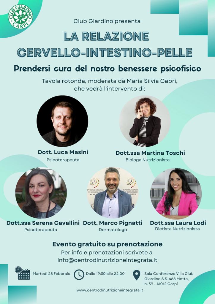 Relazione cervello-intestino-pelle: al Club Giardino il 28 febbraio serata dedicata alla memoria di Sandro Santolin Relazione cervello-intestino-pelle: al Club Giardino il 28 febbraio serata dedicata alla memoria di Sandro Santolin