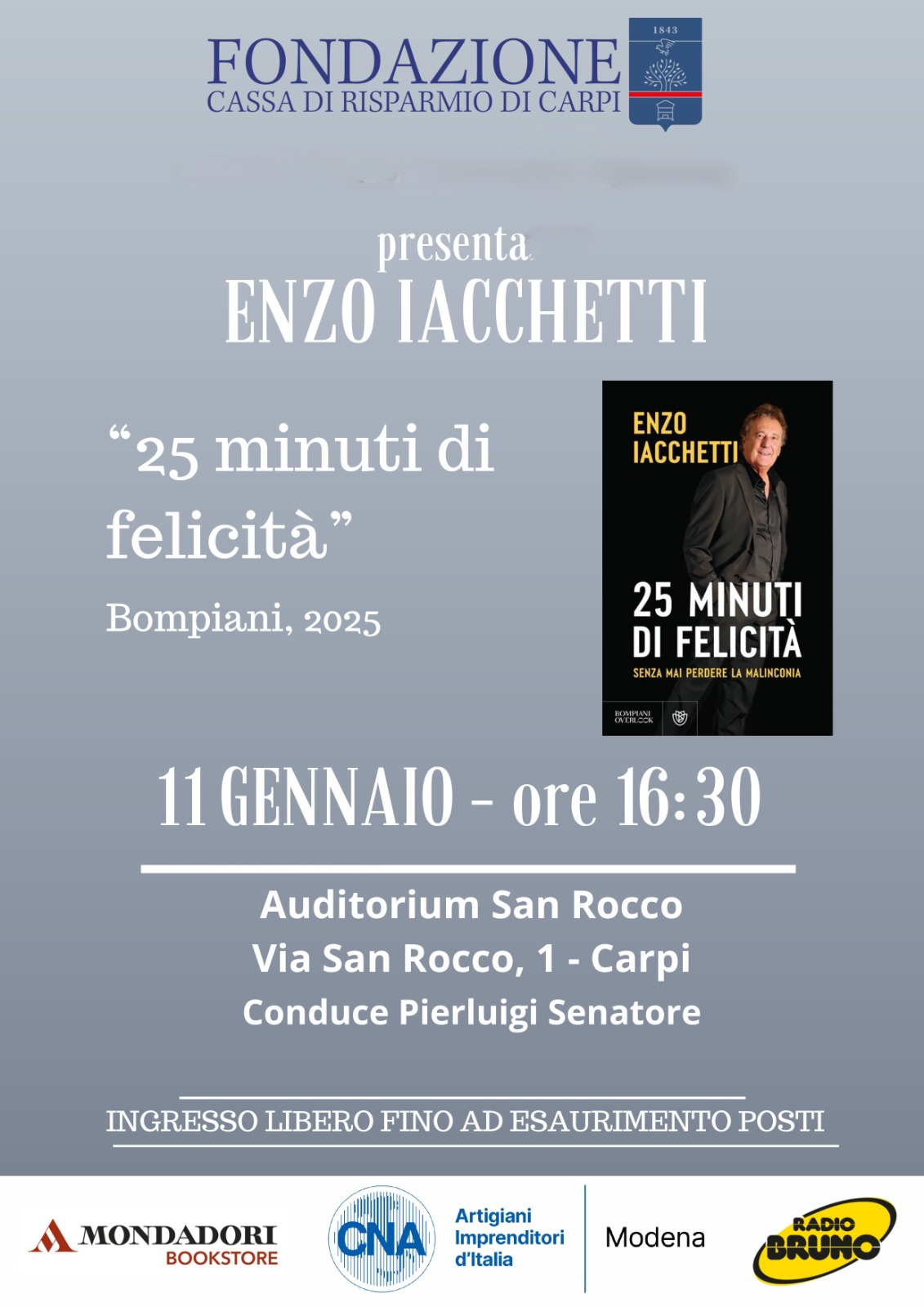 Enzo Iacchetti a Carpi presenta il libro “25 minuti di felicità”
